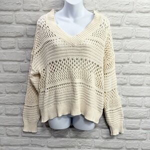 Crotchet Chunky Knit Boho Sweater V Neck Women Cream Ivory Festival Bohemian Top